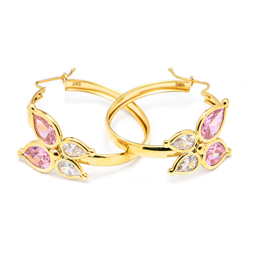 Női karika arany fülbevaló kövekkel, lepke motívummal